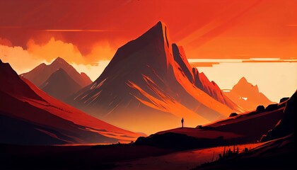 a mountain peaks at sunset with a fiery red and orange sky as the backdrop, casting long shadows across the landscape, Generative AI, Illustration