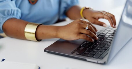 Laptop, business and hands typing in office, working on email or online project in company workplace. Technology, computer keyboard or black woman or professional writing report, planning or research