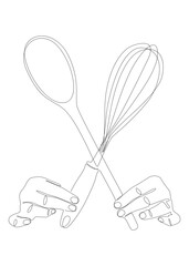 One continuous line of hand holding Wire Whisk and Wooden Spoon. Thin Line Illustration vector concept. Contour Drawing Creative ideas.