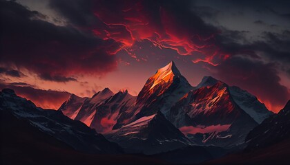 a mountain range at sunset with clouds surrounding the peaks, creating a dramatic and moody effect, Generative AI, Illustration