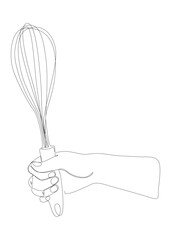 One continuous line of hand holding Wire Whisk. Thin Line Illustration vector concept. Contour Drawing Creative ideas.