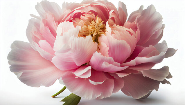 Front top photography of a delicately pink isolated peony on a white background with Generative AI Technology
