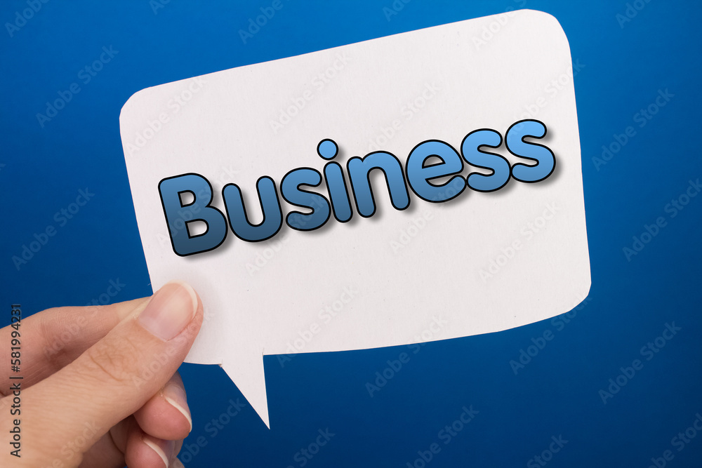 Poster speech bubble in front of colored background with business text.