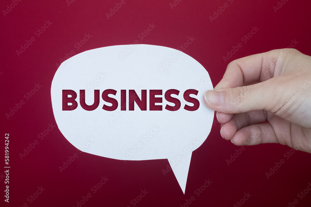 Aufkleber speech bubble in front of colored background with business text.