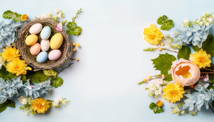 easter eggs and flowers on a wooden background