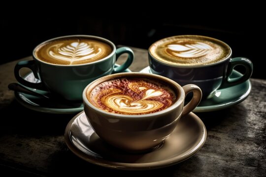 Cappuccino, latte, and espresso are the three varieties of coffee. against a shadowy backdrop. Generative AI