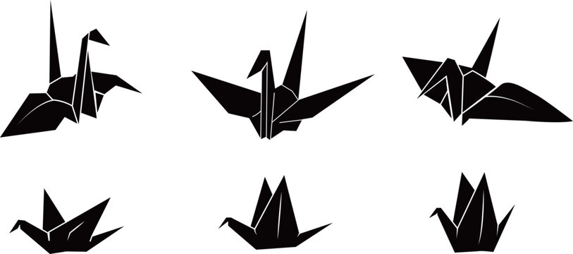 折り紙で作った6羽の折り鶴のモノクロシルエットベクター素材セット