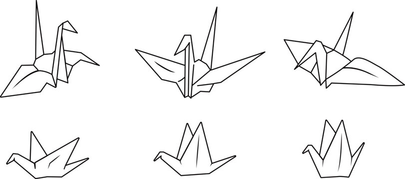 折り紙で作った6羽の折り鶴の線画ベクター素材セット
