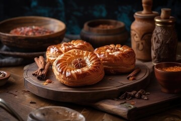 Delicious pastry from India, served on a dish and set on a wooden table. rustic style, vertical angle,. Generative AI