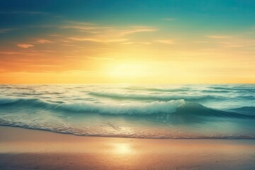 Fototapeta na wymiar Beautiful abstract sea background for summer or spring. a beach with golden sand, a blue ocean, a cloudy sky, and a setting sun. Generative AI