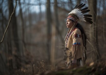 Portrait of Indigenous Native American man in the forest. 