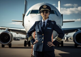 Female pilot in front of an airplane. Generative AI.