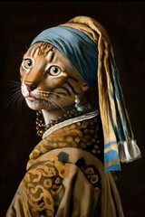Kitty with a Pearl Earring: A Bengal cat Animal Fashionable Twist on a Classic Portrait, Girl with a Pearl Earring (generative AI)