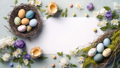 Fototapeta na wymiar easter eggs and nest background with spring flowers, Easter Background