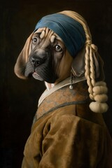 Pup with a Pearl Earring: A English Mastiff dog Animal Fashionable Twist on a Classic Portrait, Girl with a Pearl Earring (generative AI)