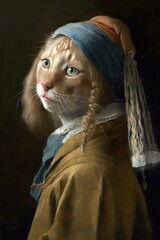 Kitty with a Pearl Earring: A Maine cat Animal Fashionable Twist on a Classic Portrait, Girl with a Pearl Earring (generative AI)