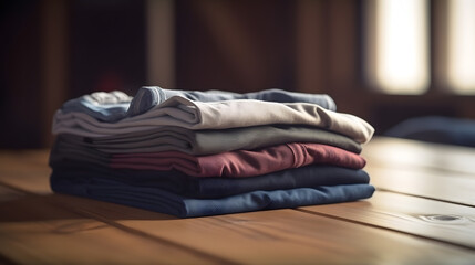 A stack of folded shirts sitting on top of a wooden table, Generative Ai