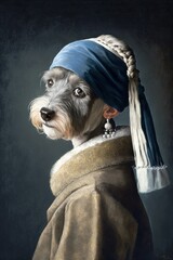 Pup with a Pearl Earring: A Miniature Schnauzer dog Animal Fashionable Twist on a Classic Portrait, Girl with a Pearl Earring (generative AI)