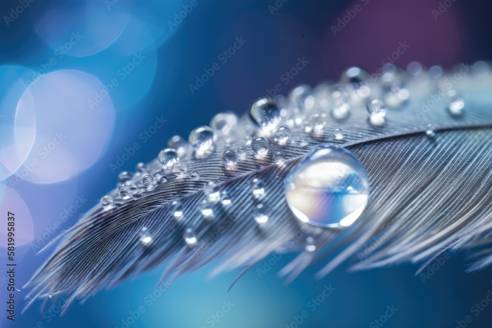 Poster close up macro of a dew drop on a fluffy feather with glittering bokeh and a hazy blue background. f