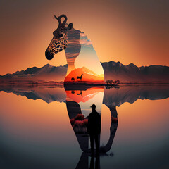 African Serenity: Minimalist Silhouettes of Wildlife and People at Sunrise | Generative AI Art
