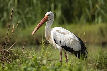 Fototapeta premium Asian White colored Open billed stork, Anastomus oscitans, India white stork, a large wading bird in the stork family Ciconiidae and generic for all herons and storks flying in flock. Generative AI