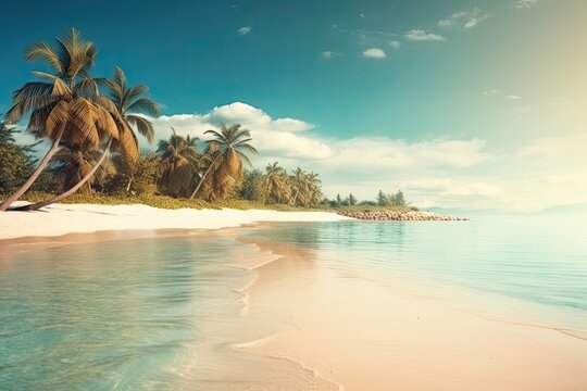 calm beach scene exotic tropical beach scenery as a wallpaper or background. Concept design for a summer vacation. Generative AI