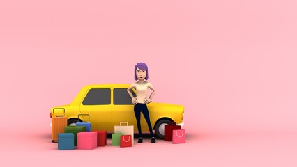 young woman shopping cart car delivery online store. 3d rendering