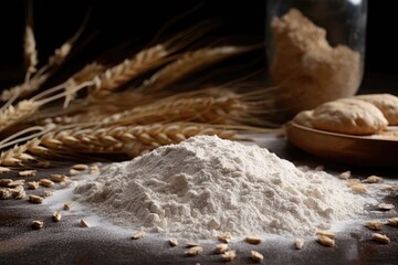 a whole frame of wheat ears on a surface of flour. Generative AI