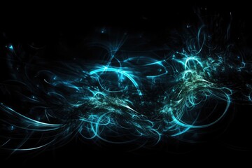 abstract blue light with swirls on a black background. Generative AI