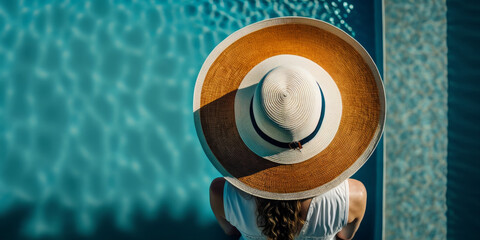 view from behind beautiful woman wearing sun hat relaxing around a swimming pool. Generative ai