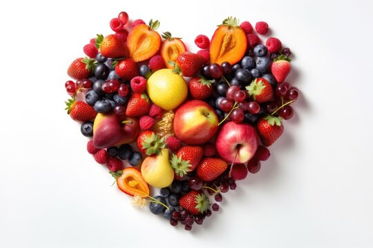 a heart icon. Fruits as part of a diet Heart formed of several fruits in food photography on a white backdrop. high quality output. Generative AI