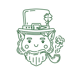 Irish leprechaun with a four leaf clover on his hat smoking a pipe. Line logo icon fof St. Patricks Day. Vector illustration