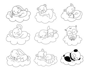 Cute dreaming bear, koala and elephant on cloud. Cartoon hand drawn vector outline illustration. Line baby animals set