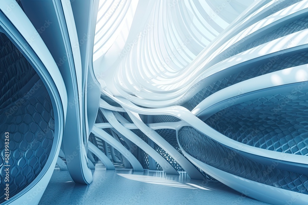 Poster background of futuristic architecture with curved building roofs. generative ai