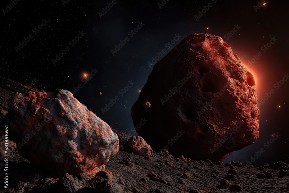 Poster a comet and an asteroid orbit a red planet in space that is covered in craters. generative ai