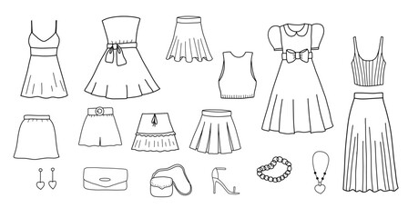 Line sketch of short dress, skirt and shoes for girl. Doodle clothes set.