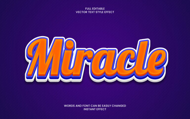 Miracle word with orange blue and white text on blue color background. Editable text effect