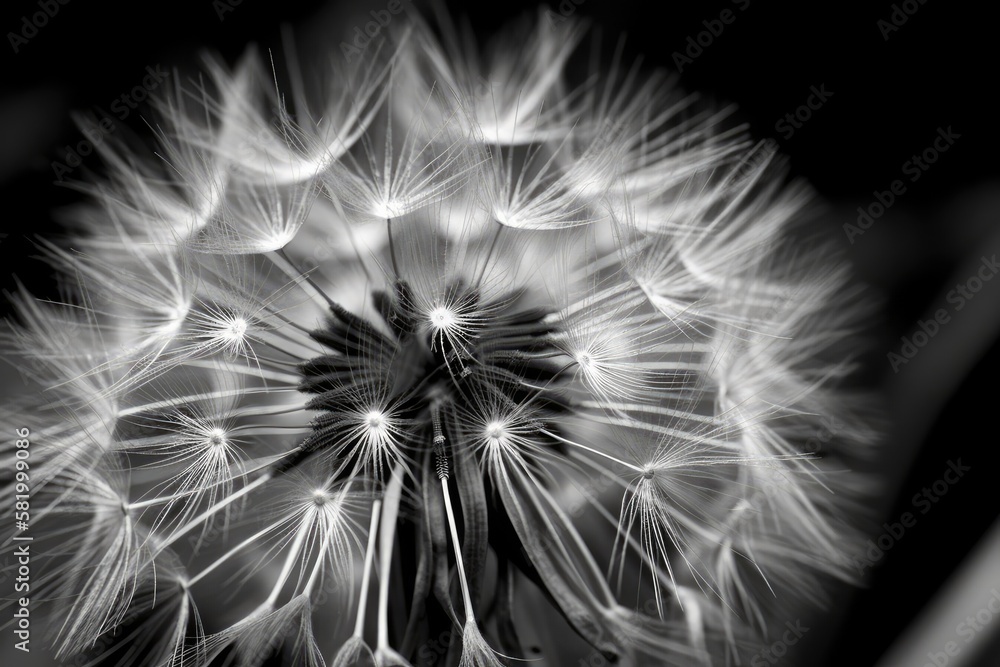 Poster background of a dandelion blossom in black and white with a very close up and soft focus. generative