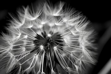 Background of a dandelion blossom in black and white with a very close up and soft focus. Generative AI