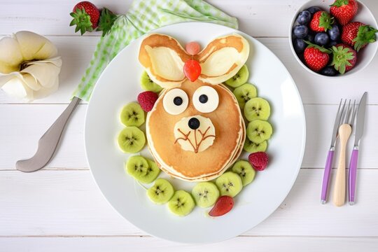 Easter pancakes with a hilarious bunny. Kids' breakfast image with pancakes, kiwi, banana, apple, and juice in top view on a white backdrop. Generative AI