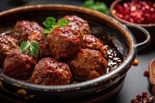 Delicious lamb meatballs or kufta in cherry sauce. Generative AI