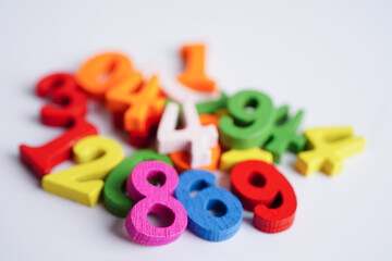 Number wood block cubes for learning Mathematic, education math concept.