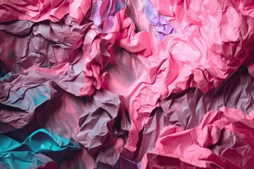 Crumpled pink thin design paper with glitch effect. Rgb shift. Flat lay background. Gift wrap. Generative AI