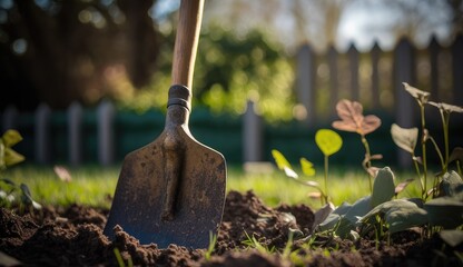 Long Spade with Wooden Handle in Garden. Generative AI.