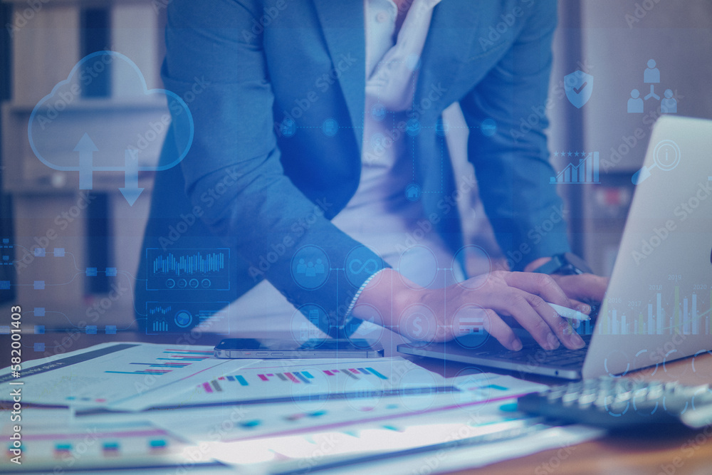 Poster business financial analytic, business people use computer and graph analysis on desk with business t