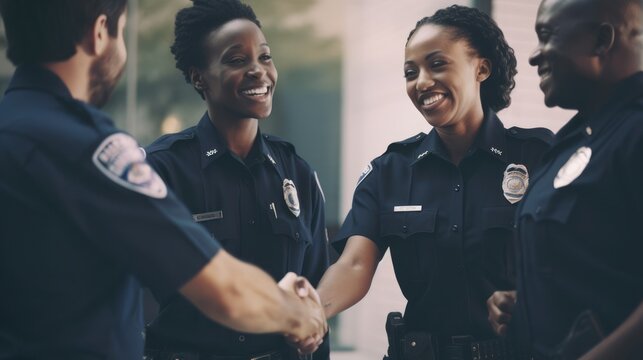Professional Workplace Men Women: African American Black Police officer Greeting with Confidence Friendliness in Business Setting, Diversity Equity Inclusion DEI Celebration (generative AI