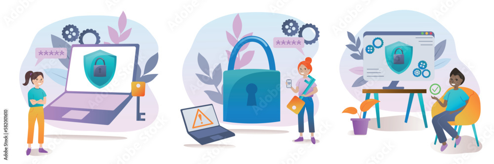 Poster cyber security and password strength concept. set of illiustrations in cartoon style. people secure 