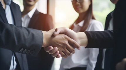 Professional Workplace Men Women: Asian Journalist Greeting with Confidence Friendliness in Business Setting, Diversity Equity Inclusion DEI Celebration (generative AI