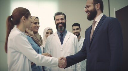 Professional Workplace Men Women: Middle Eastern Dentist Greeting with Confidence Friendliness in Business Setting, Diversity Equity Inclusion DEI Celebration (generative AI
