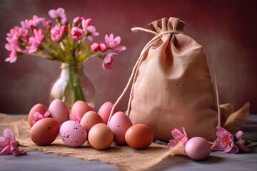 Obraz na płótnie Canvas Easter eggs and spring flowers are displayed on a pink tile background in a string bag. Generative AI
